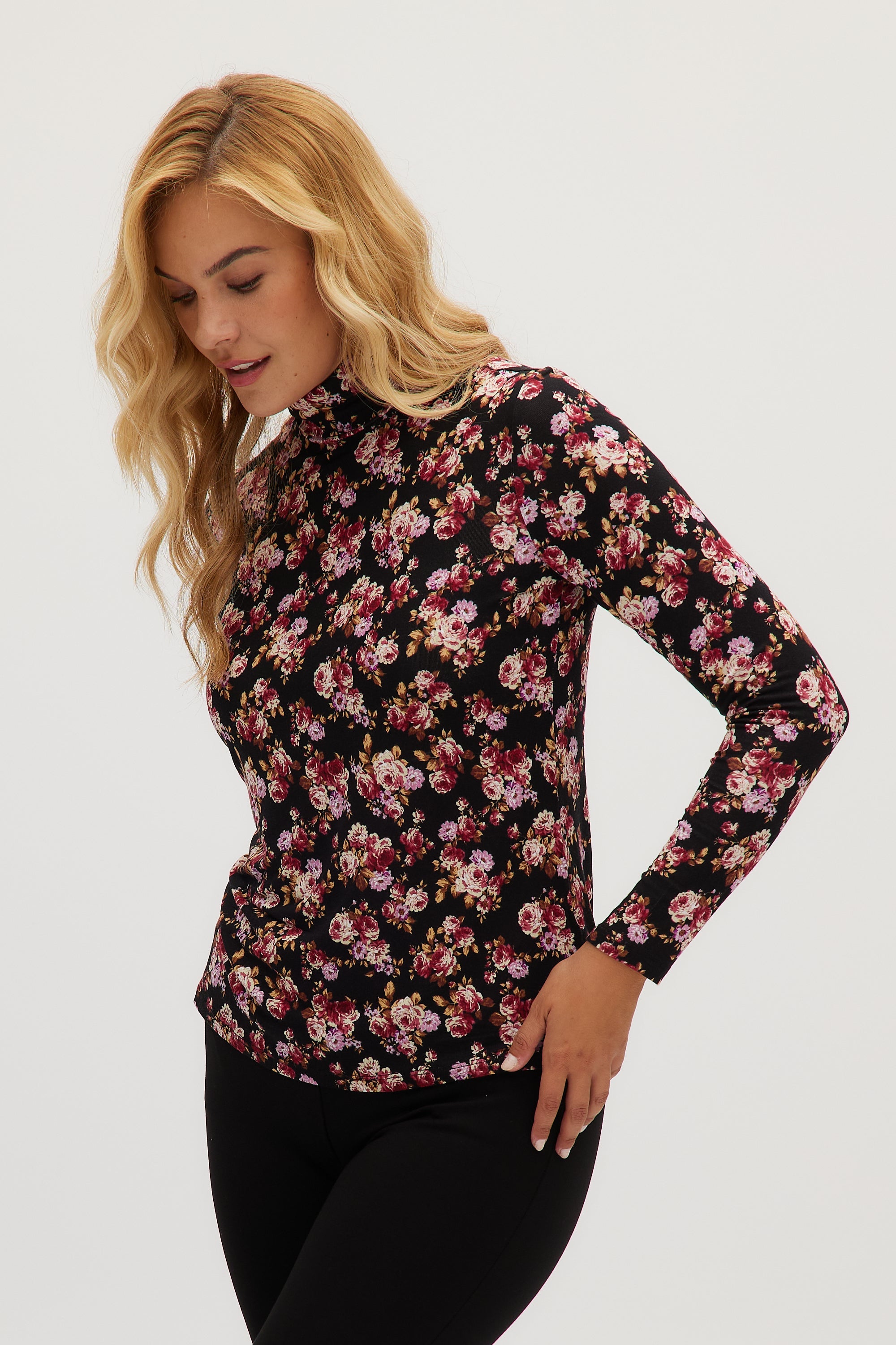 Pink Floral Fitted turtleneck in vintage floral – Hilary Radley