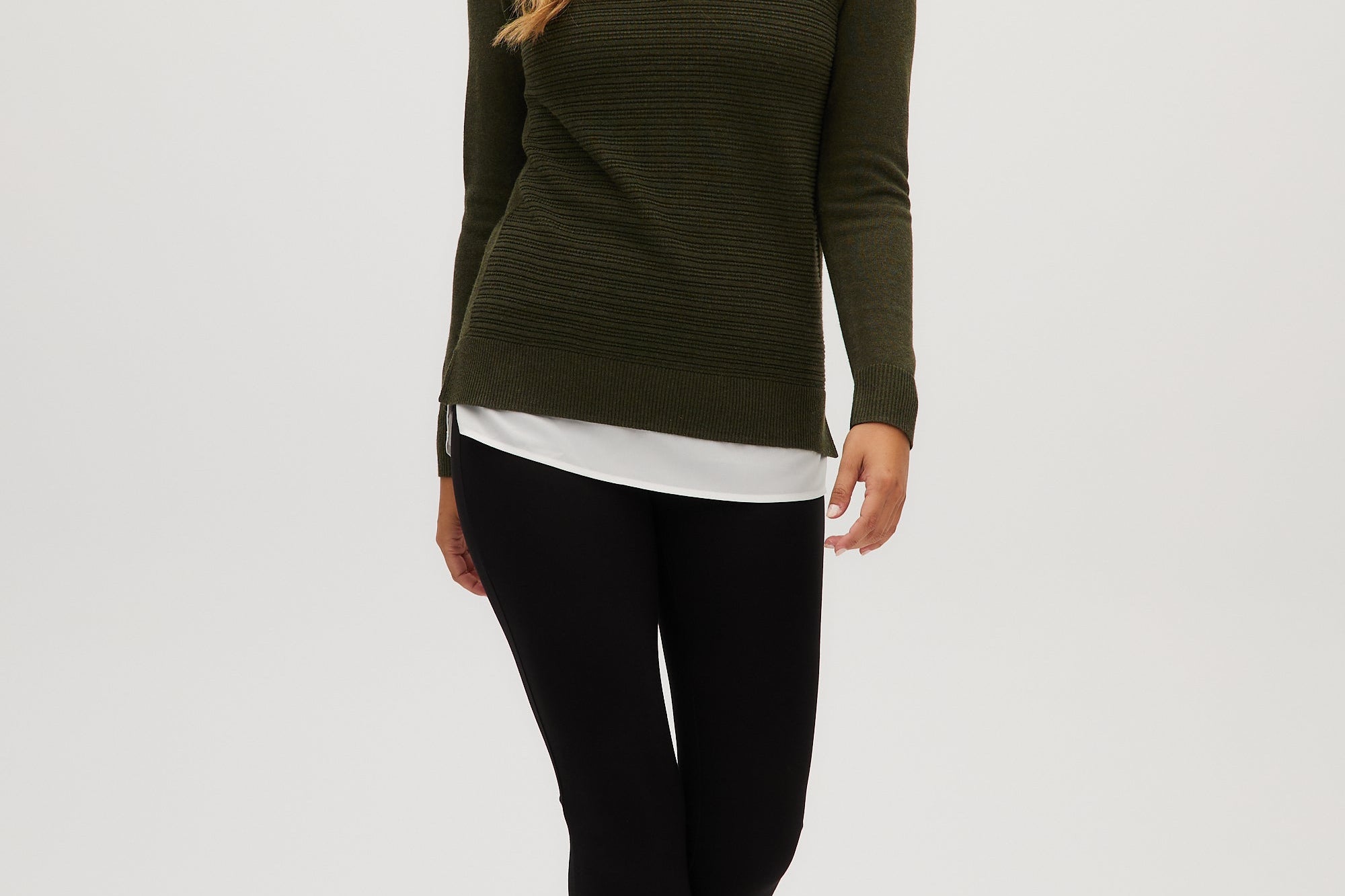 Olive V-neck sweater full body