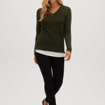 Olive V-neck sweater full body