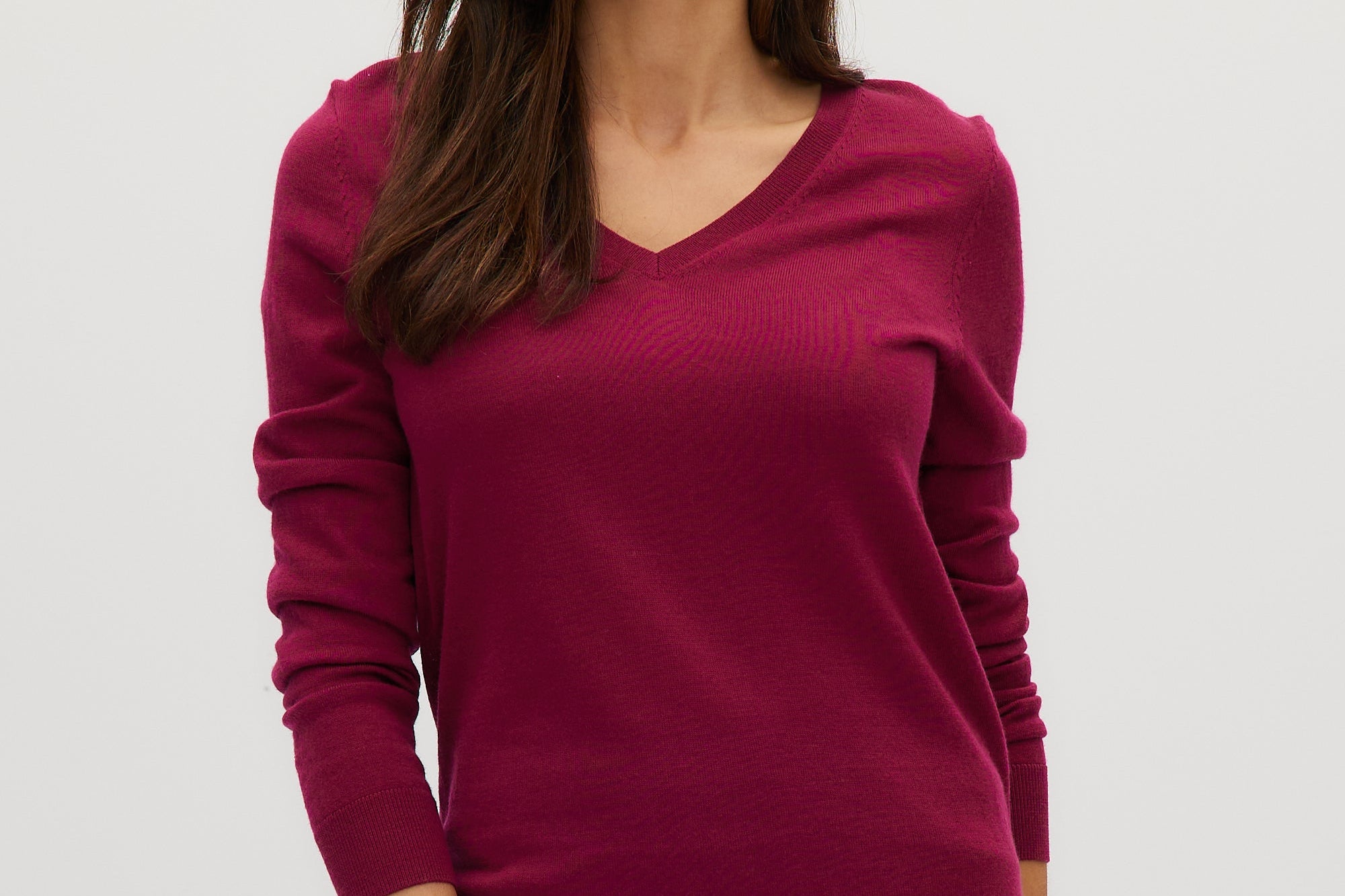 Raspberry Merino wool V-neck sweater front