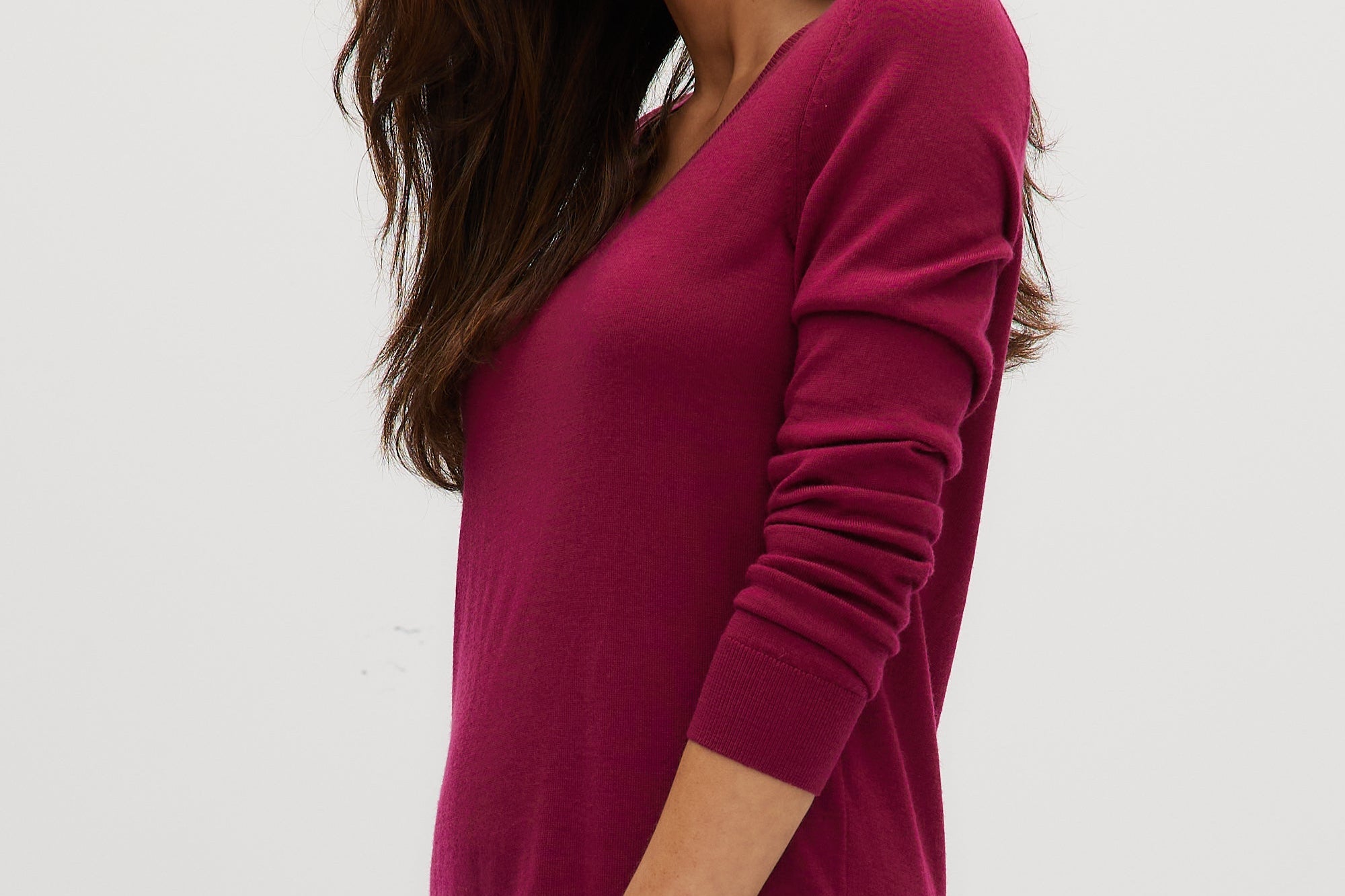 Raspberry Merino wool V-neck sweater side