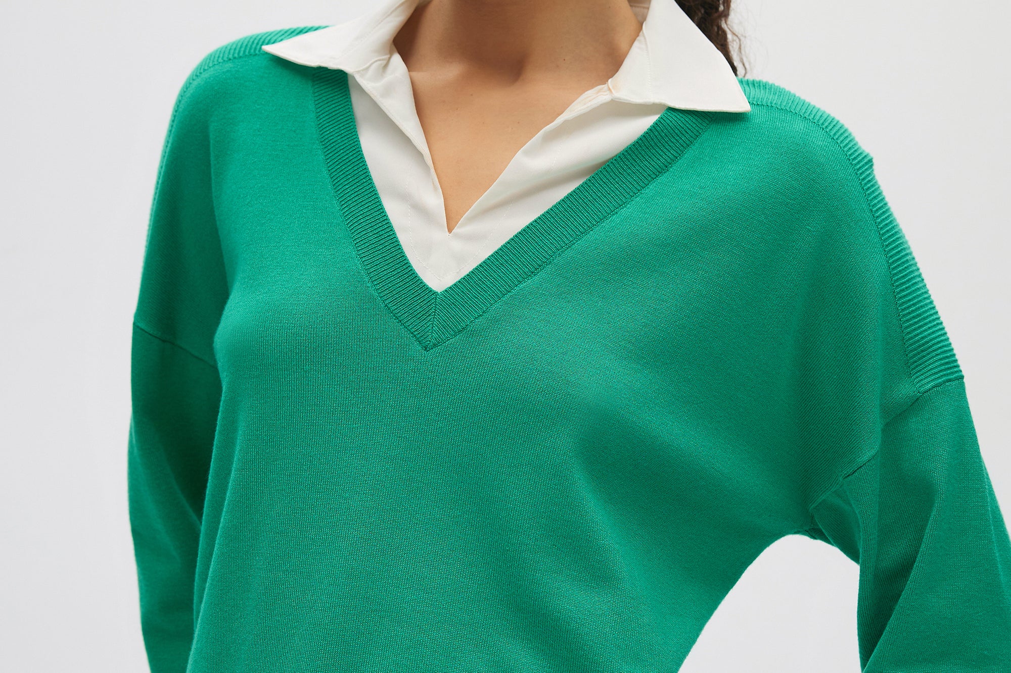 Green V-neck Sweater Top Combo close up