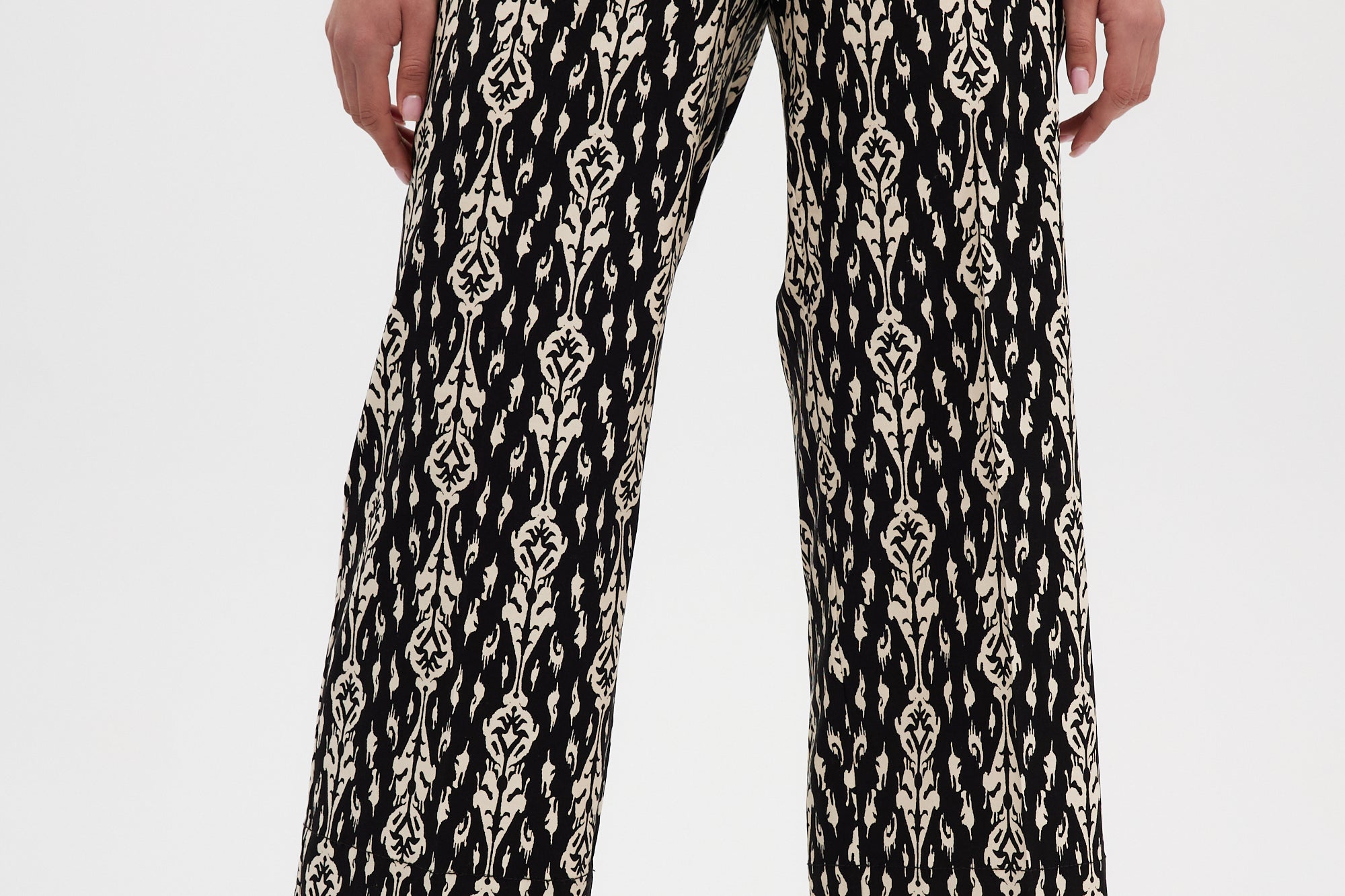 Black Wide leg printed pants close up