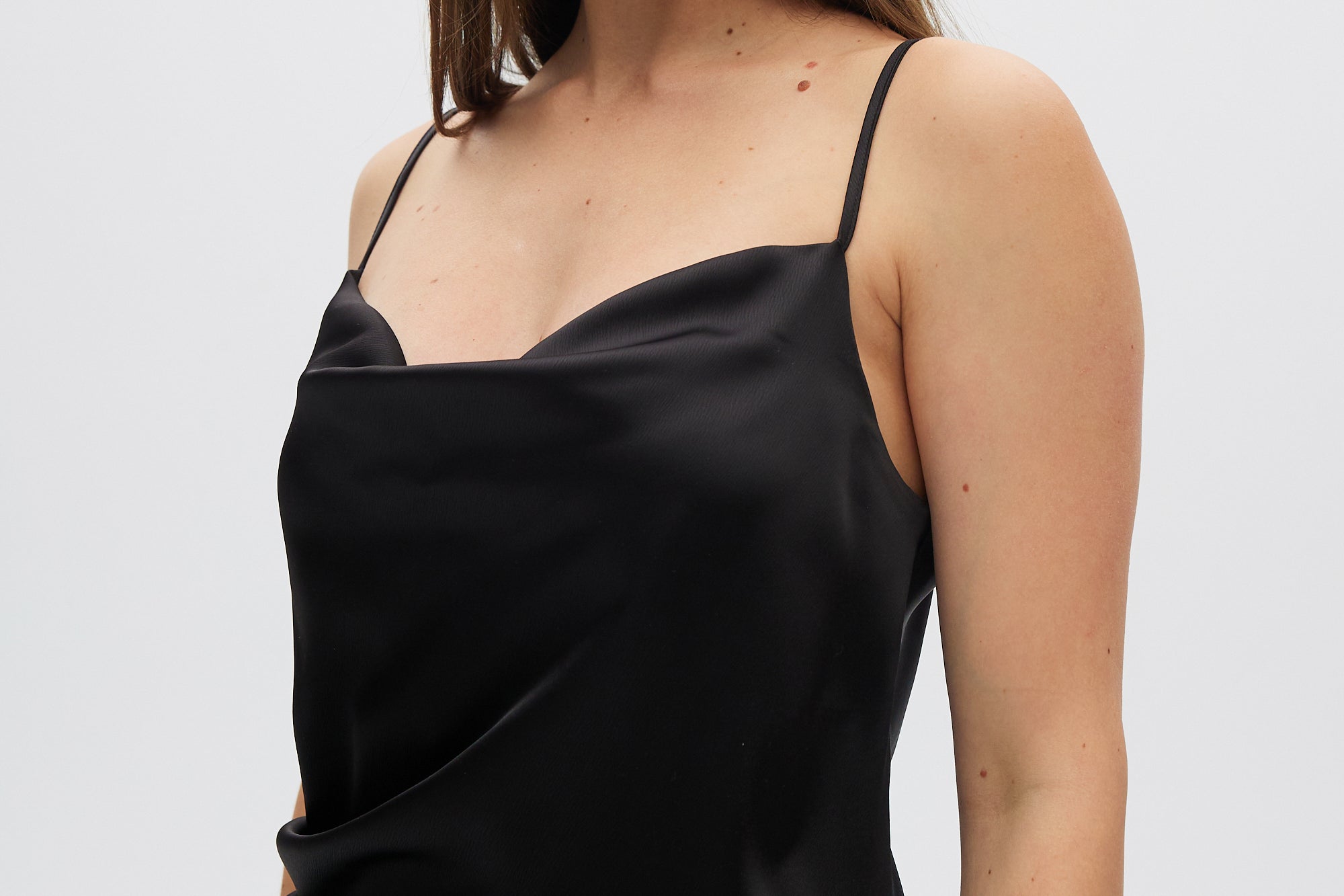 Black Asymmetrical Draped Dress close up