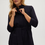 Navy Premium-knit belted jacket front 2