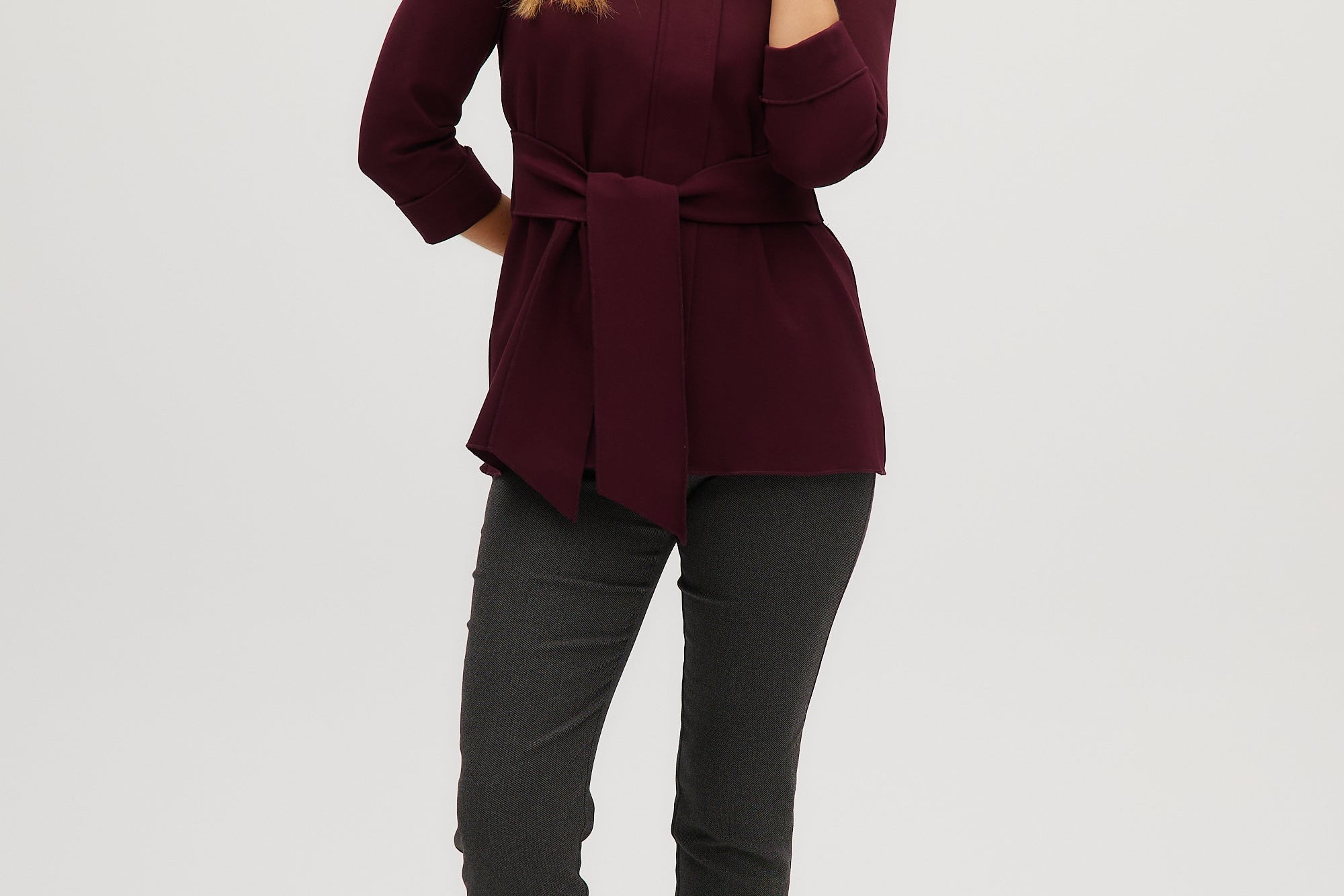 Wine Premium-knit belted jacket full body